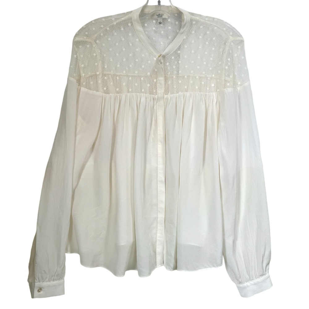 Aritzia Wilfred 100% Silk Blouse Sheer Lace Mesh Button Up Flowy Boho Pearl Top